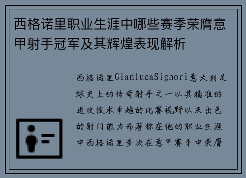 西格诺里职业生涯中哪些赛季荣膺意甲射手冠军及其辉煌表现解析